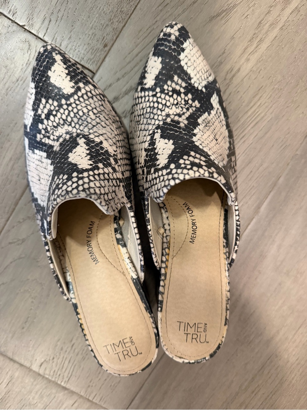 Time and Tru Black and White Snake-Print Slip-On Mules